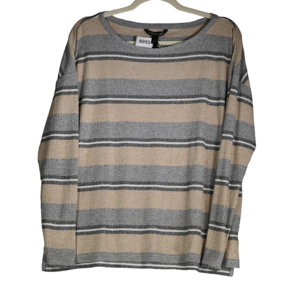 Banana Republic Sweater Women Large Brown Gray Ribbed Stretch Striped Cozy Chic - Picture 1 of 6